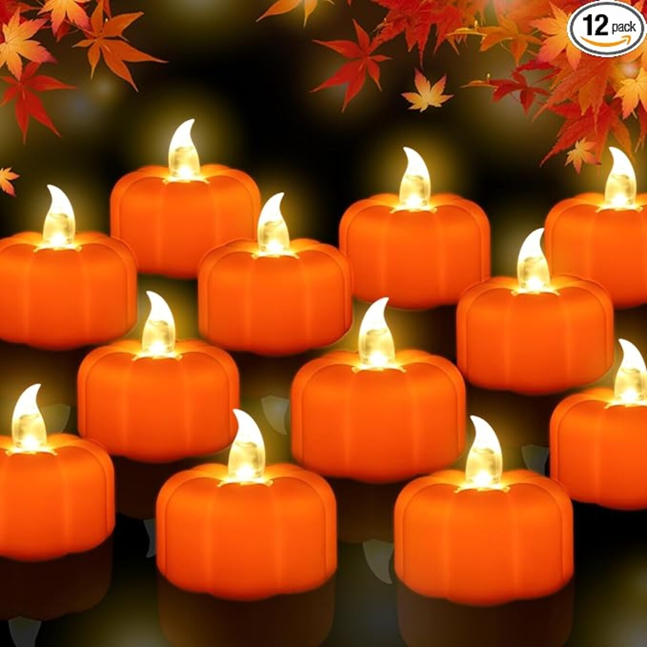 Pumpkin Tea Lights Decorations: Fall Decor, 12 Pack LED Orange Battery-operated pumpkin lights and flameless candles for Halloween. Thanksgiving Flickering Tealight Candle for Home Table Indoor Party Decoration.